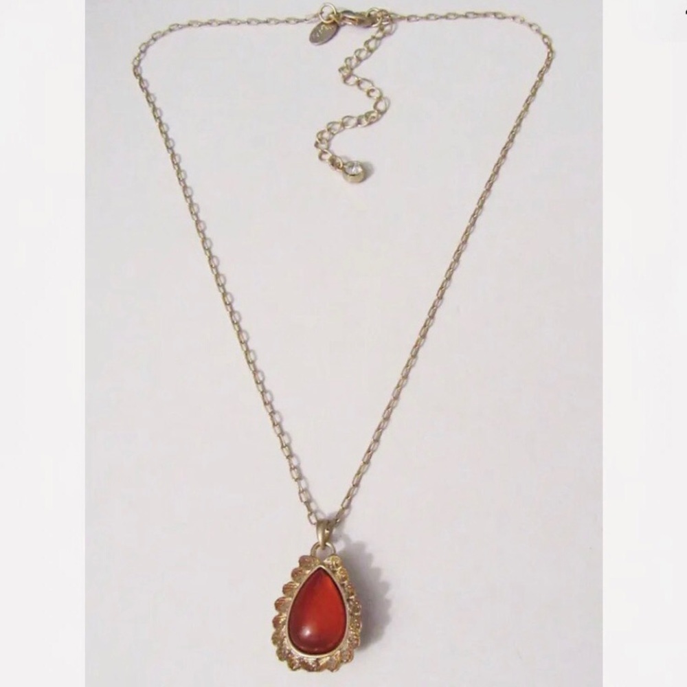 New Lia Sophia Necklace Gold Chain w/ Coral / Orange stone in teardrop shape